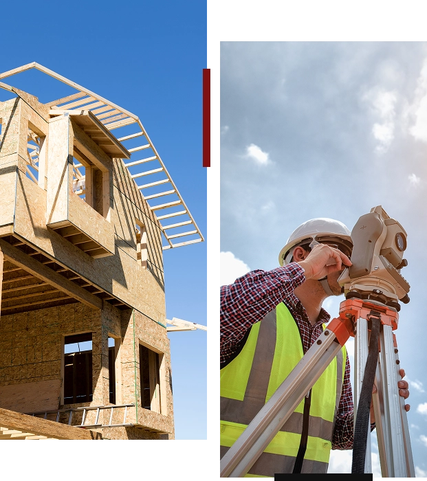 Surveyor working near building under construction.